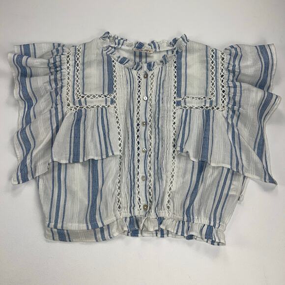 LoveShackFancy Nora Handkerchief Crop Top Blue Stripes Flutter Sleeve Size M - Picture 12 of 12
